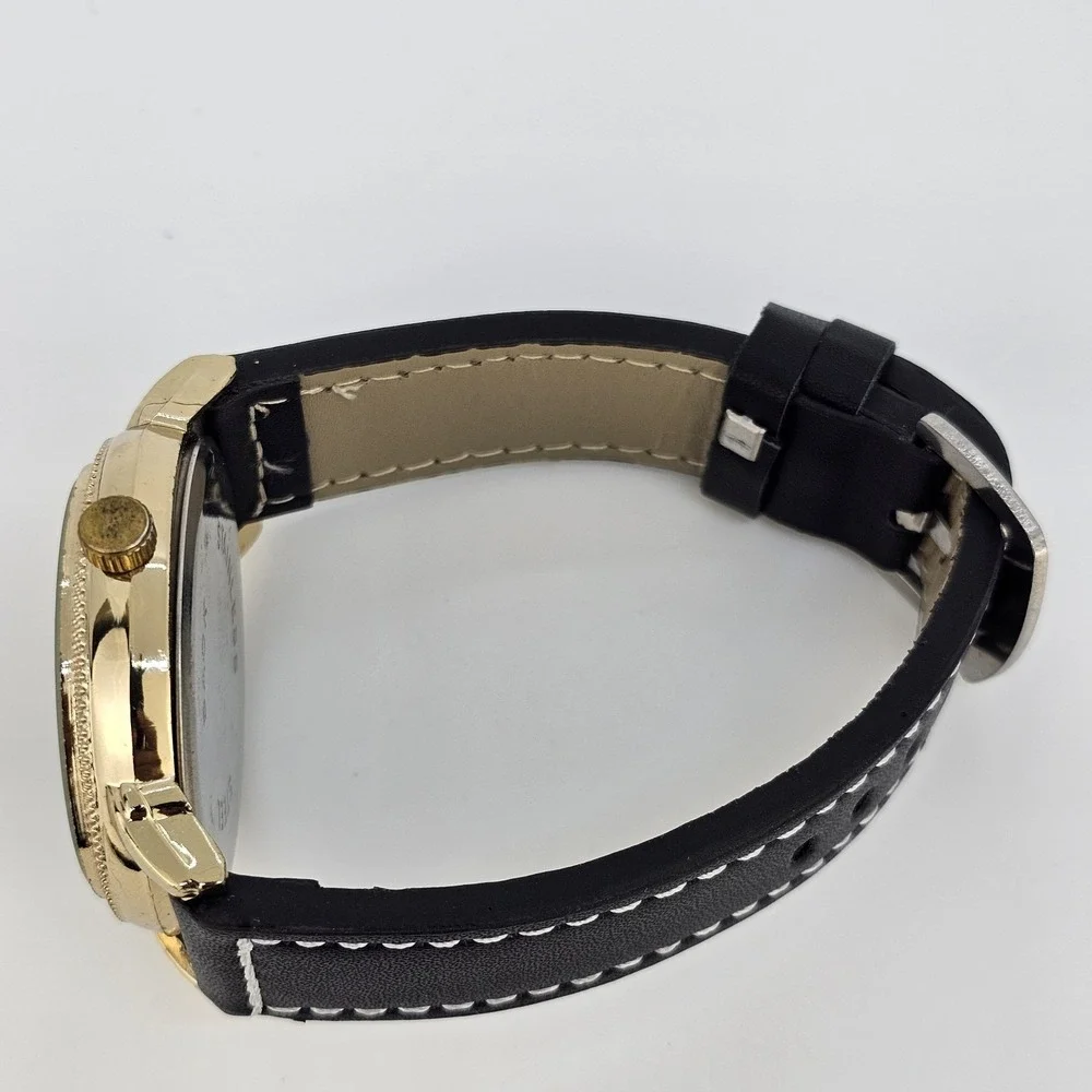 Men's Watch 44MM Black Dial New‎ Black Faux Leather Bands New Battery